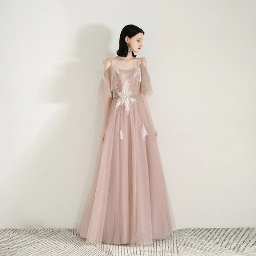 Ssyfashion новые милые гладкое розовое вечернее платье, для банкета Длинные вечерние платья с кружевной аппликацией, длина до пола, платья для выпускного вечера; Robe De Soiree - Цвет: nude pink
