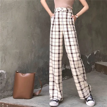 

Streetwear Summer Autumn Women Pants High Waist Plaid Straight Pants Ladies Plus Size Loose Trousers Women pantalon femme