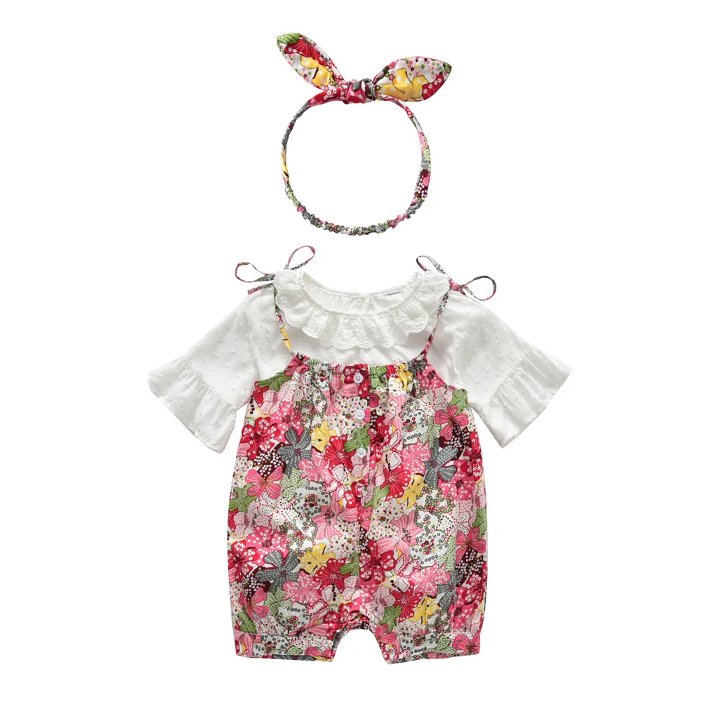 

Summer Baby Girls Clothing Sets Cotton Floral Print Rompers Woven White Shirts and Headband For 6-24 Months