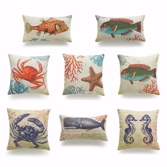 Decorative Throw And Lumbar Pillow Case Vintage Crab Fish Starfish Decorative Throw And Lumbar Pillow Case Vintage Crab Fish Starfish Seahorse Caribbean Sea C Nautical Beach