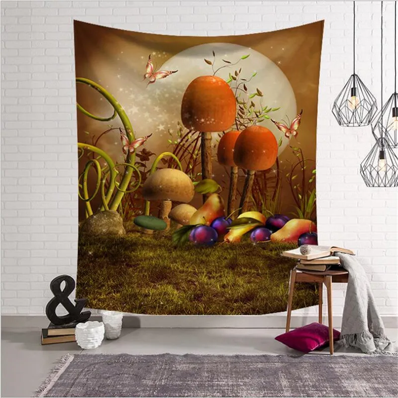 Decor Tapestry Pattern with Types of Mushrooms Wild Species Organic