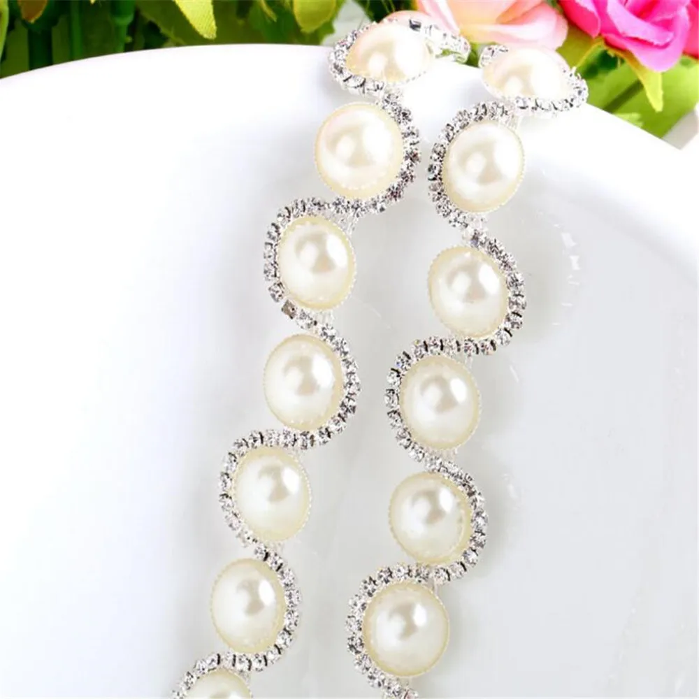 1Yard/Lot New Sew On Pearl Crystal Rhinestones Chain Fashion DIY Bling