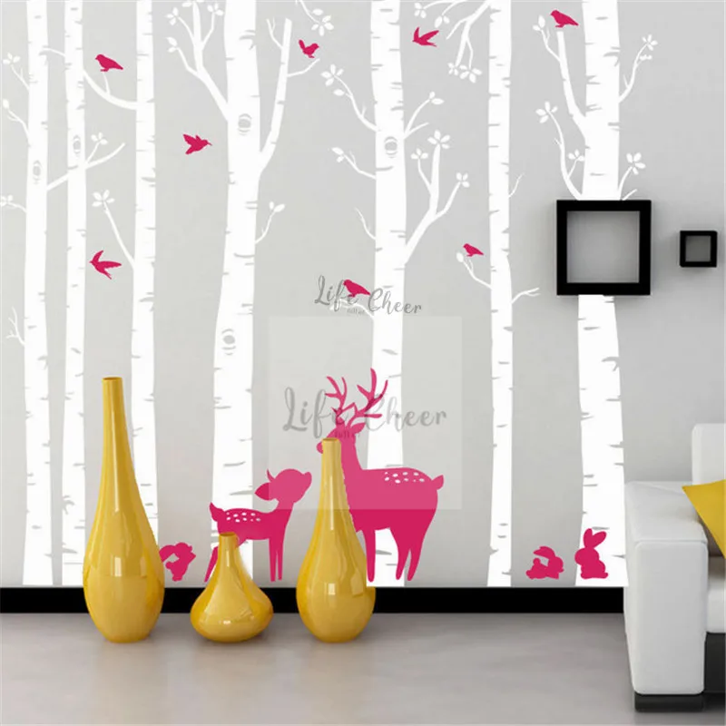 7 أشجار البتولا مجموعة الجدار ملصق الاطفال غرفة نوم الديكور طويل القامة حجم كبير جدار الفن صائق البتولا شجرة مع الغزلان الطيور جدار الفن AC212