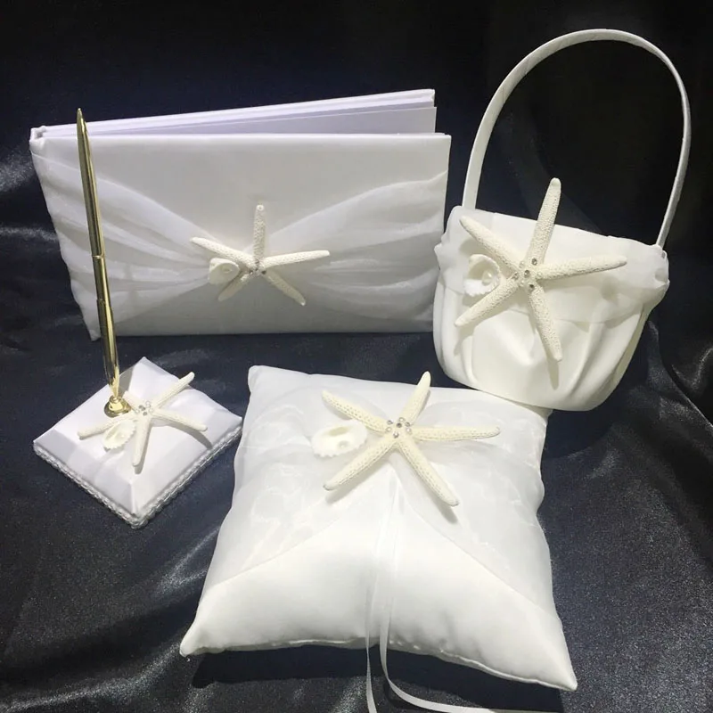 

Wedding Guest Book Pen Set Ring Pillow Girl Flower Basket Ivory Starfish Beach Party Supplies PAK55