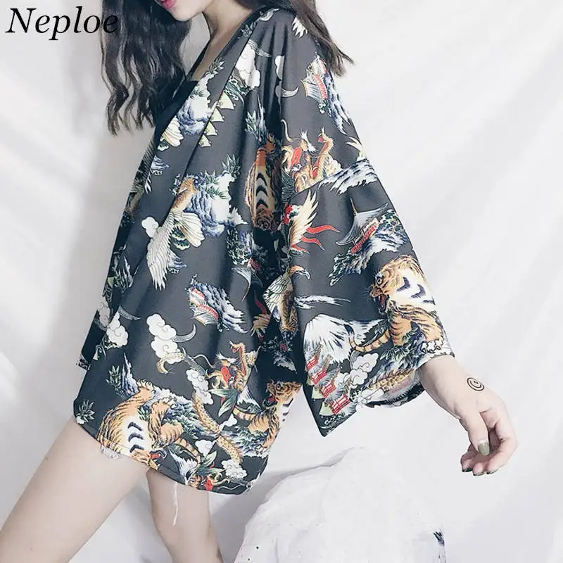 Neploe 2019 японские кимоно Лето Harajuku тонкий кардиган цифровой рубашка с принтом