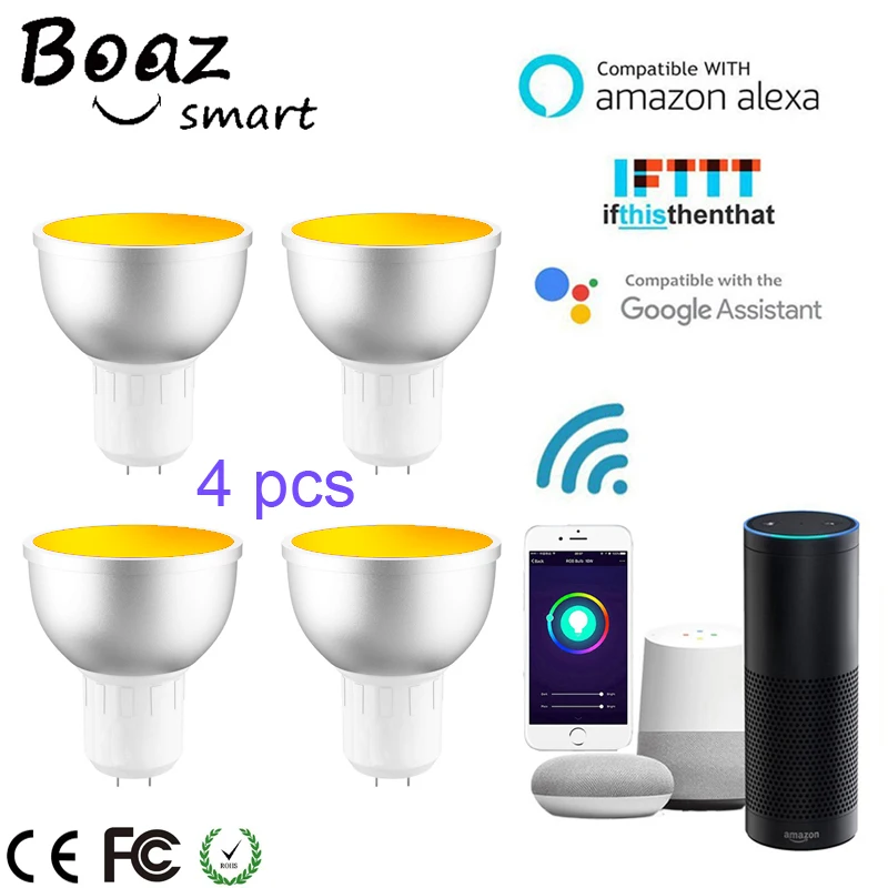 Boaz-EC Smart Wifi Spotlight GU5.3 Led RGBW Smart Wifi Bulb Light Dimmable Bulb Alexa Echo Google Home IFTTT Tuya Smart 4pcs