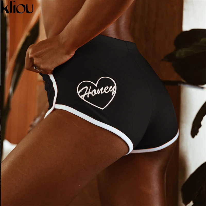 

Kliou 2018 New Summer Street Women Elastic Waist Short Pants Letter Print " HONEY" Loose Solid Soft Cotton Casual Women Pants