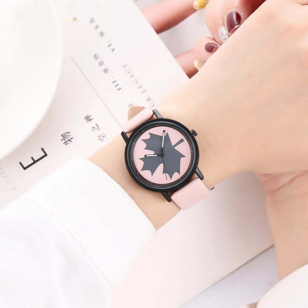 Relojes Mujer Luxury Women Watches Personality Maple Leaf Pattern Print Dial Wrist Watch Leather Strap Creative Design Clock #W