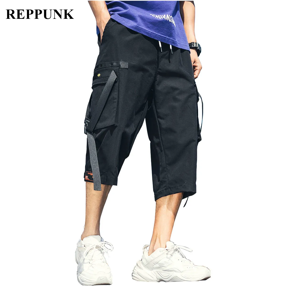 REPPUNK хип-хоп карманы спортивные брюки для мужчин летние новые боковые мужские мешковатые шаровары, штаны для бега брюки карго длиной до икры уличная