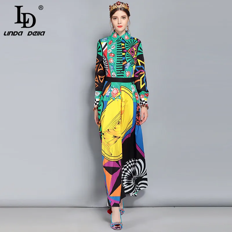 LD LINDA делла модное подиумное Макси Платье женское с длинным рукавом великолепное с цветочным принтом винтажное длинное платье Высокое качество - Цвет: Многоцветный