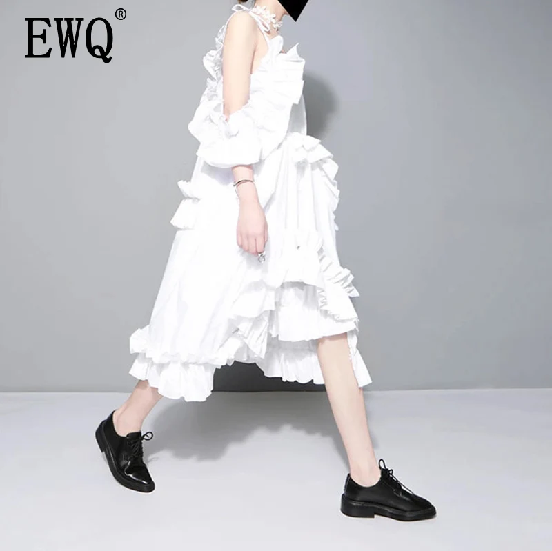 

[EWQ] 2019 New Spring Irregular Multilayer Ruffles Solid Color Loose Fashion Sexy White Mid-Calf Dress Women Trendy Tide J211