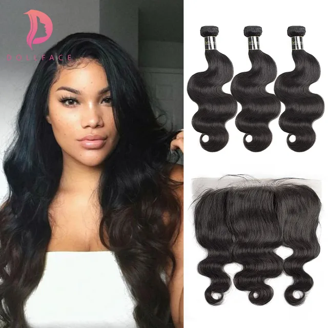 Dollface Indian Hair Weave Bundles With Frontal Body Wave 3 virgin Human Hair Bundles with Lace