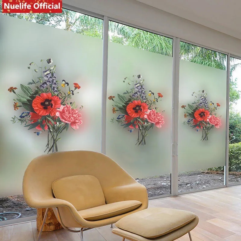 

custom A bouquet of flowers pattern electrostatic frosted glass film living room bedroom wedding room kids room door window film