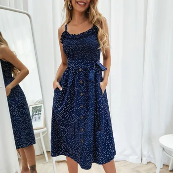 Sexy Summer Sleeveless Slip Dress Women Strapless Bow Button Loose Bandage Pleated Polka Dot Sundress