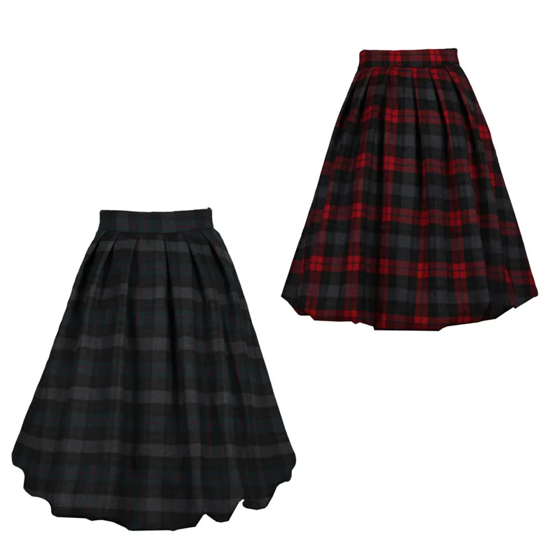 0059 1950s Retro Rockabilly Spring Autumn Winter Women s plaid Woolen Pleated Full lined Expansion font