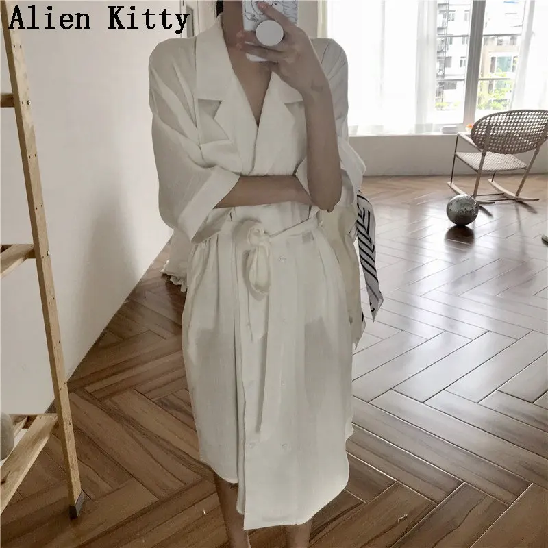 

Alien Kitty 2019 Summer Solid Slim Sweet Casual Elegant Notched Double Breasted Half-Sleeved Loose Empire Free Mid-Calf Dress