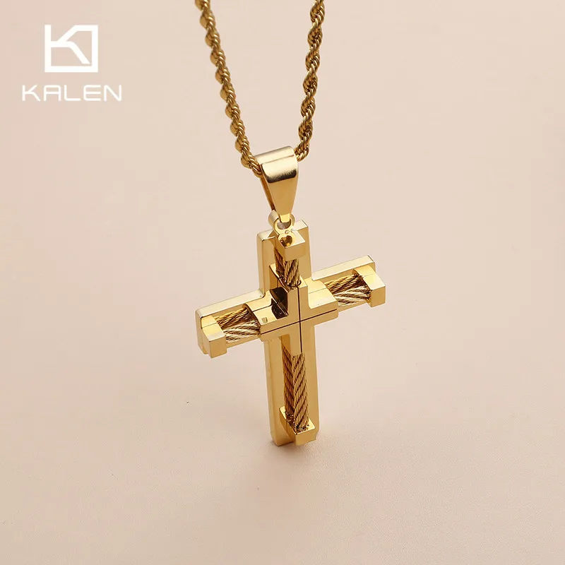 KALEN мода нержавеющая сталь золотой крест цепочка на шею для мужчин Высокое качество металлический крест ожерелья ювелирные изделия аксессуары