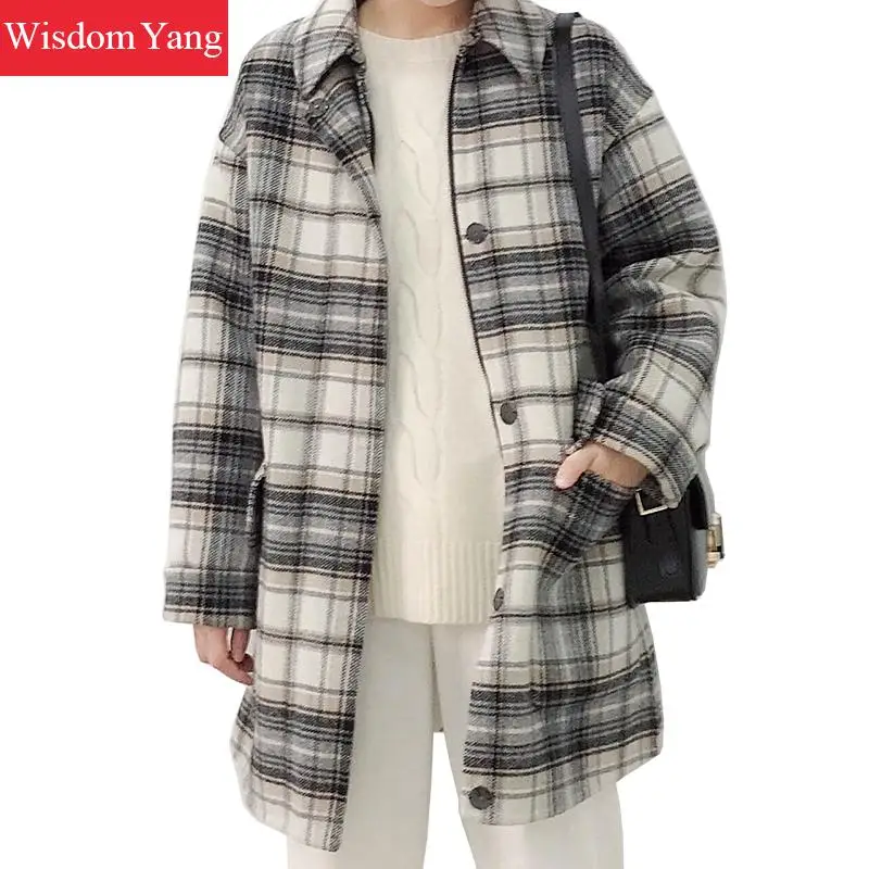 

Women Plaid Sheep Wool Coats Winter Warm Oversize Woolen 2018 Casual Slim Woman Belt Overcoat Long Coat Office Ladies Outerwear