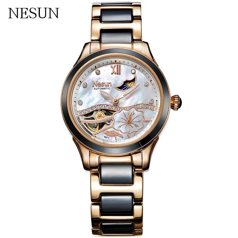 NESUN Модные женские автоматические механические наручные часы Топ люксовый бренд Moon Phase часы водонепроницаемые женские повседневные керамические часы - Цвет: RoseGoldBlack