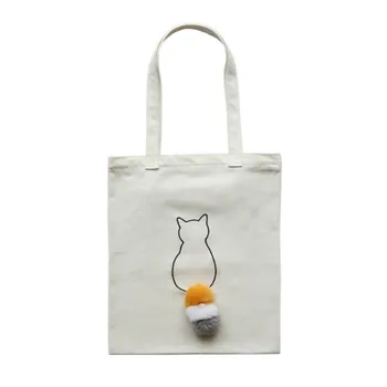 

Large Capacity Canvas Shopping Bag Cute Plush Ball Tail Decoration Women Ladies Handbags Shoulder Bag