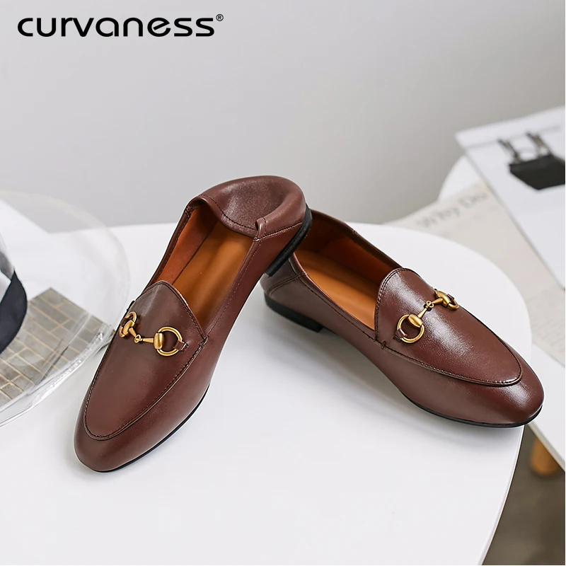 

Curvaness Classical Women Cowhide Loafers Soft Genuine Leather Insole Non-slip Metal Horsebit Flat Office Casual Shoes