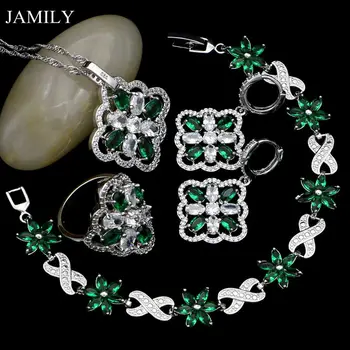 

Fashion Green And White Crystal Silver 925 Jewelry Sets Earrings/Pendant/Ring/Necklace/Bracelet Perfect Decoration For Bridal