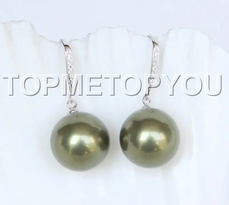 

Free Shipping >>>>Dangle 14mm round green south sea shell pearl Earrings 925 silver hook E4114