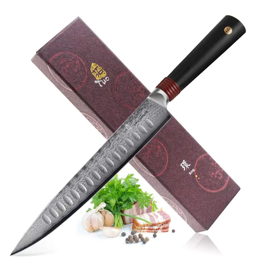 

TUO Cutlery Slicing Knife - Japanese AUS-10D Damascus Steel Kitchen Carving Slicing Knife - Hollow Ground Blade -G10 Handle -9''