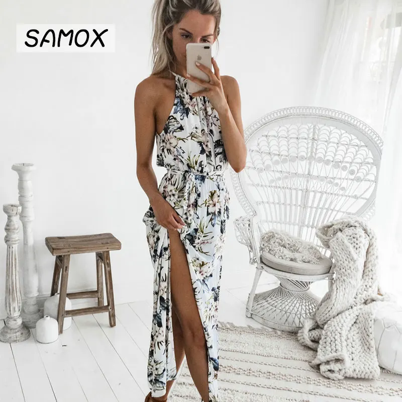JSMY Summer Sexy Hanging Neck Off-the-shoulder High Split Design Waist Beach Dress