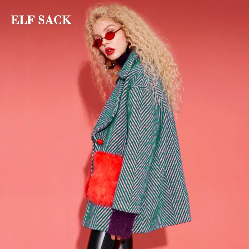 ELF saco 35.8% abrigos de lana de las mujeres de invierno piel roja bolsillos recto abrigos Oversize cuello de rayas gruesas de lana abrigos - 2