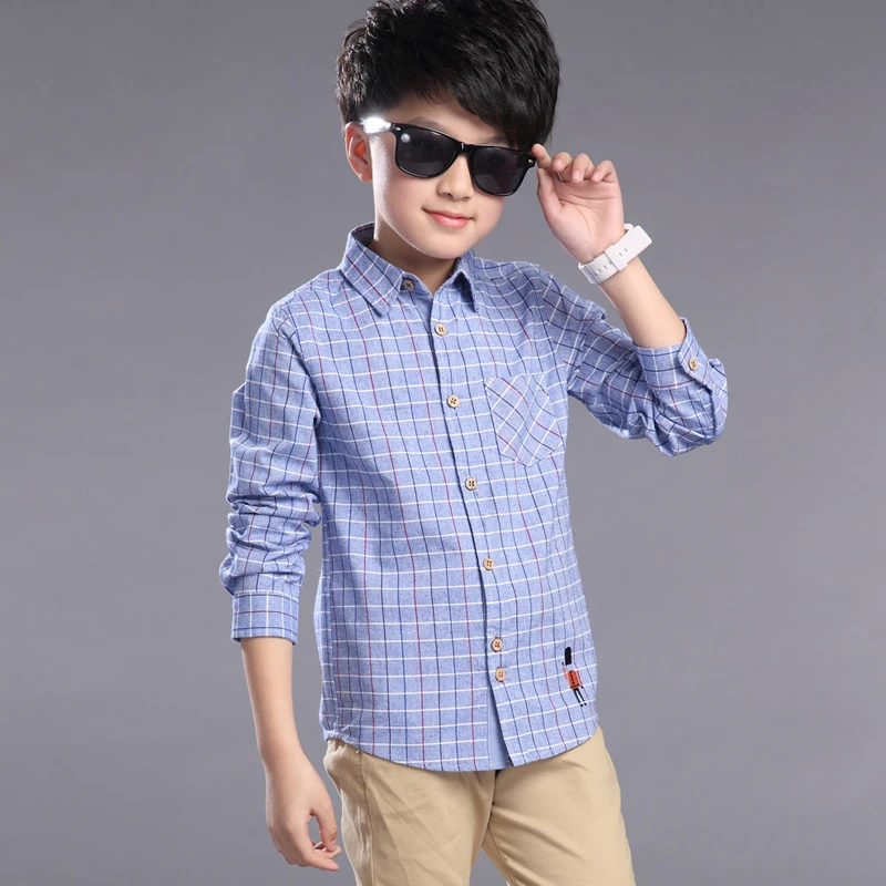 Рубашки для мальчиков хлопчатобумажные брендовые рубашки для детей детская одежда для мальчиков рубашки с принтом клетка для мальчиков рубашка для школы с отложным воротником и длинным рукавом - Цвет: Синий