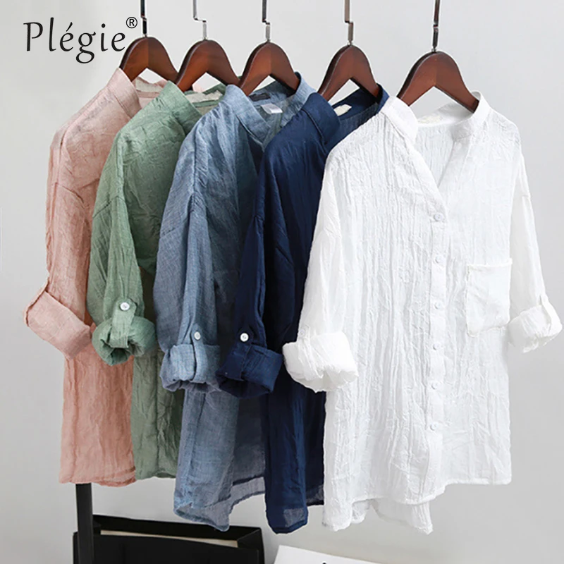 Meilleur Plegie Femmes À Manches Longues Chemises De Toile Printemps Coton 6 Couleurs Blouses Solide Col En V Lâche Occasionnel Femmes Linge Chemises Tops