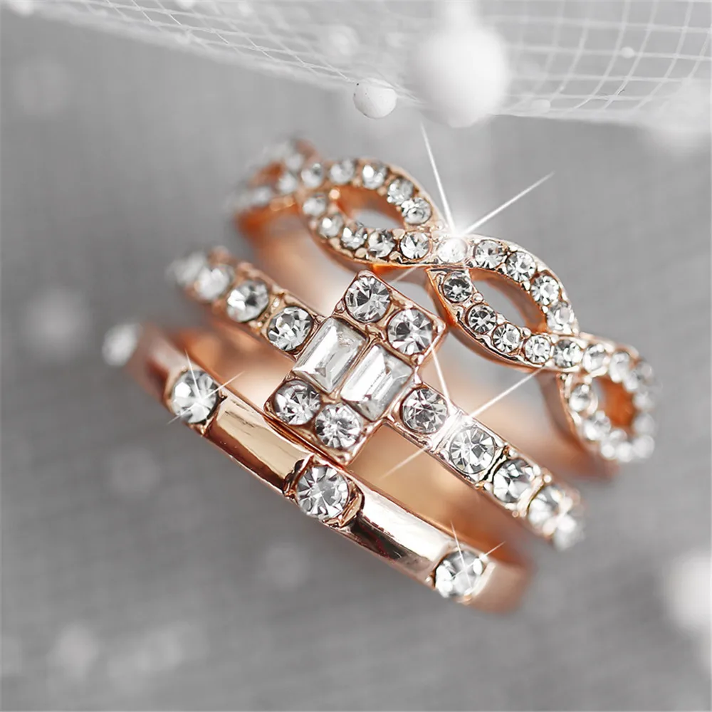 3Pcs/Set Fashion Infinity Rings Set For Women Girls Crystal Twist Ring Couples Gold Female Engagement Wedding Jewelry 2019 New