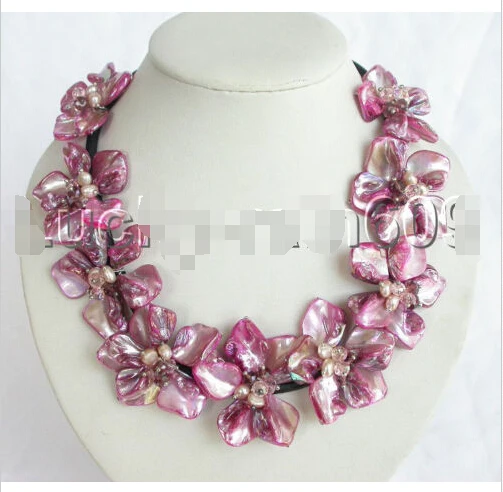 

handmade light pink shell flower pearls leather Choker necklace e154