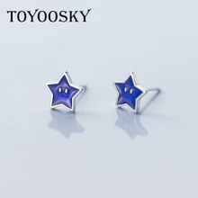 Настоящее серебро 925 проба, милые синие серьги со звездами для девочек, для детей, для женщин, модные серебряные серьги со звездами