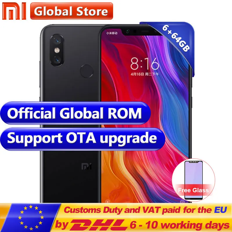 Оригинальный Xiaomi mi 8 6 ГБ оперативная память 64 Встроенная Snapdragon S845 Octa Core мобильный