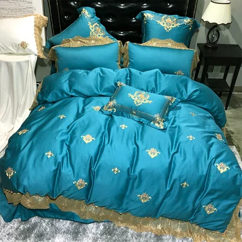 

Navy blue Embroidered Luxury Egyptian cotton Bedding Sets Queen King size 4/6pcs Bed set Bed Sheet Duvet