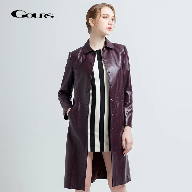 

Gours Women's Genuine Leather Coats Female Fashion Black Long Overcoat Ladies Windbreaker Sheepskin Jacket New Arrival 68059