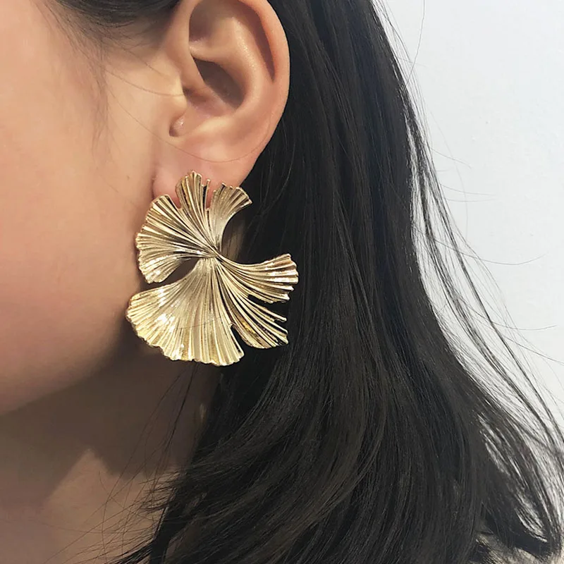 Creative Exaggerated Metal Ginkgo Leaf Stud Earrings for Women Vintage