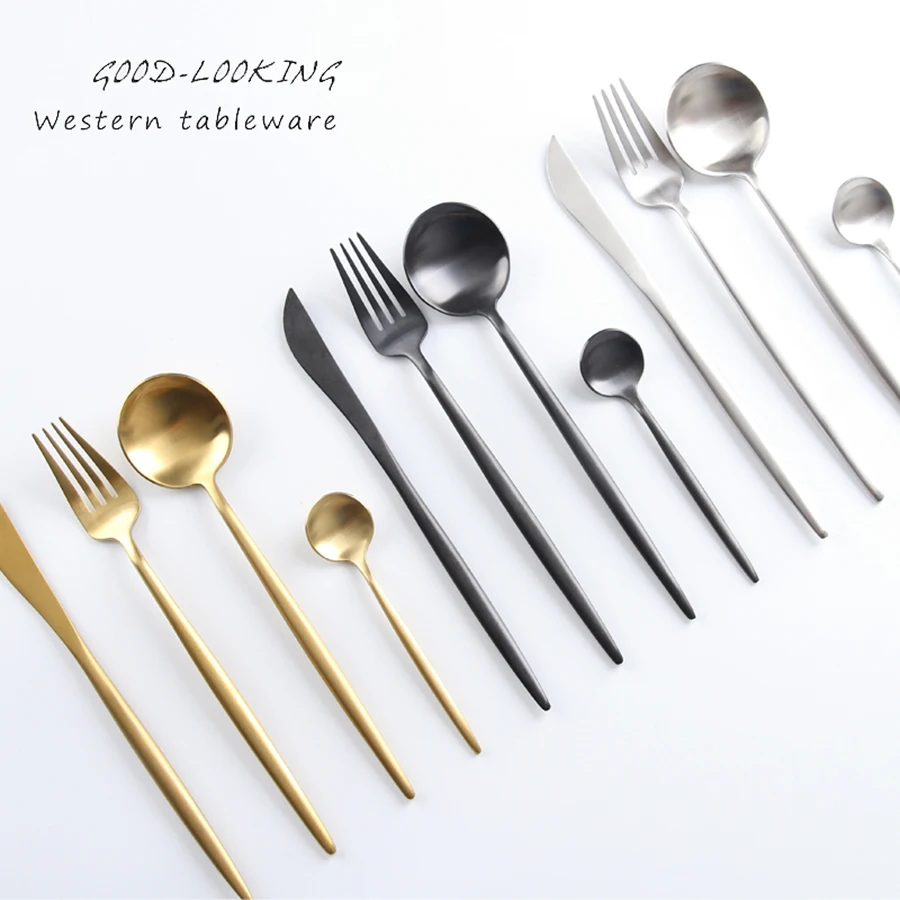

Stainless Steel Flatware Dinner Spoon Talher Rose Gold Black Flatware Stainless Steel Cutlery Kitchen Knives Set Home 50F021