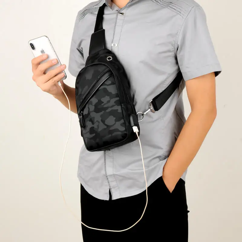 جديد أسود الصدر حزمة الرجال عارضة الكتف Crossbody حقيبة USB شحن حقيبة صدر للرجال الذكور للماء التمويه السفر حقيبة ساع