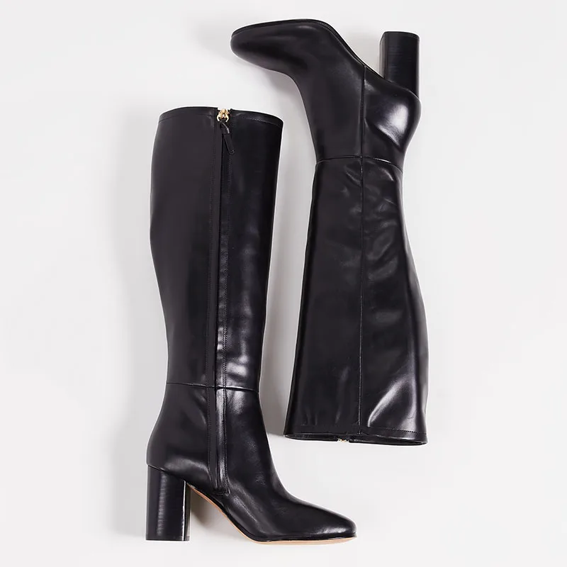 Черные женские сапоги до колена; женская обувь; обувь на массивном каблуке с боковой молнией; модель года; сезон осень-зима; плюшевая обувь; размеры 45-44
