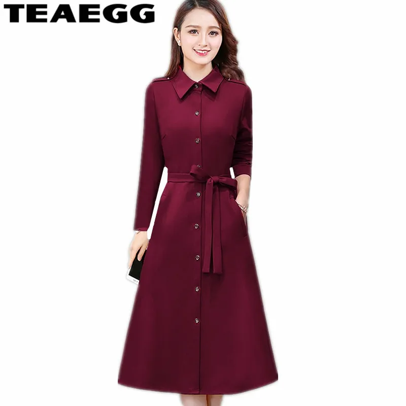

TEAEGG Long Sleeve Plus Size Autumn Spring Dress Women Slim Wine Red High Waist Ladies D1resses Casual Dress 3XL AL911