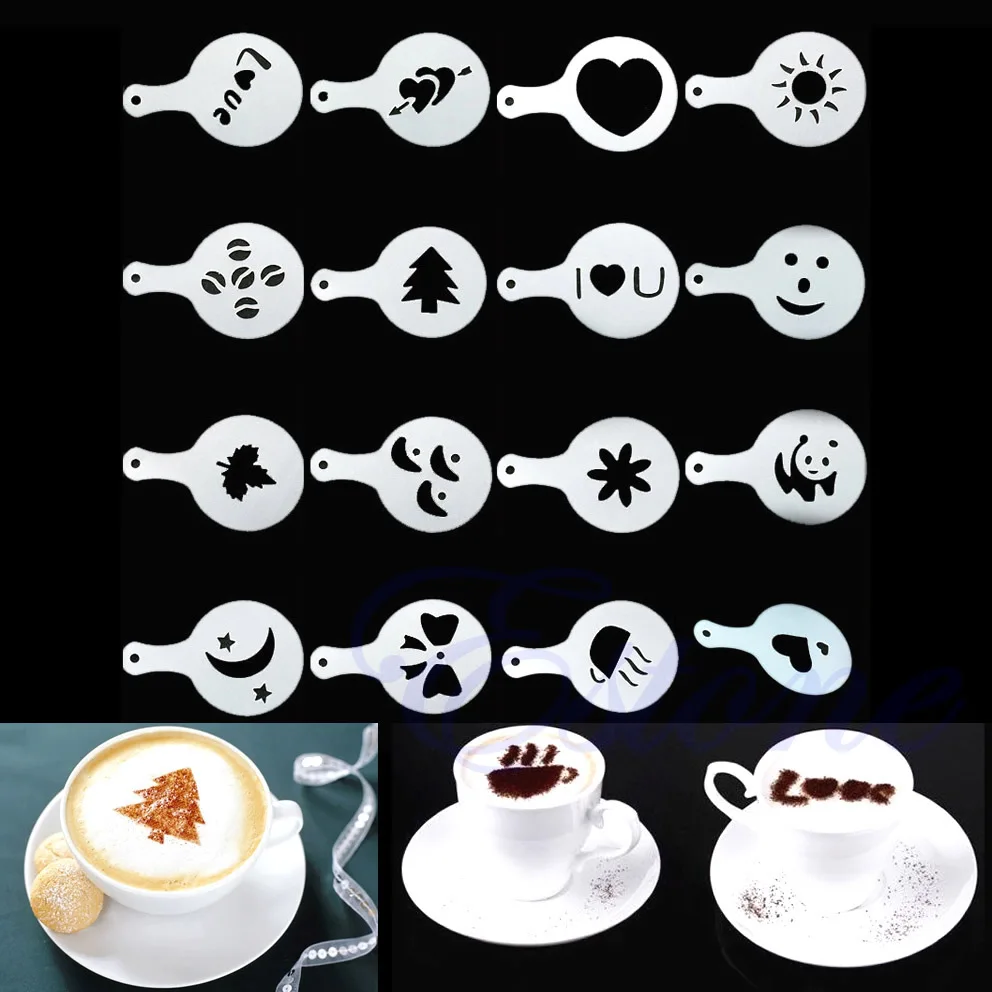 16Pcs Creative Nice Coffee Barista Stencils Template Strew Pad Duster Spray Art-PY | Дом и сад