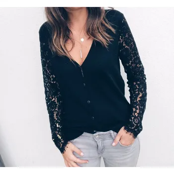 

Long Sleeve Lace Button V-neck Shirt Blouse Ladies Loose V Neck Tops Lace Blouses arrival Women's Summer