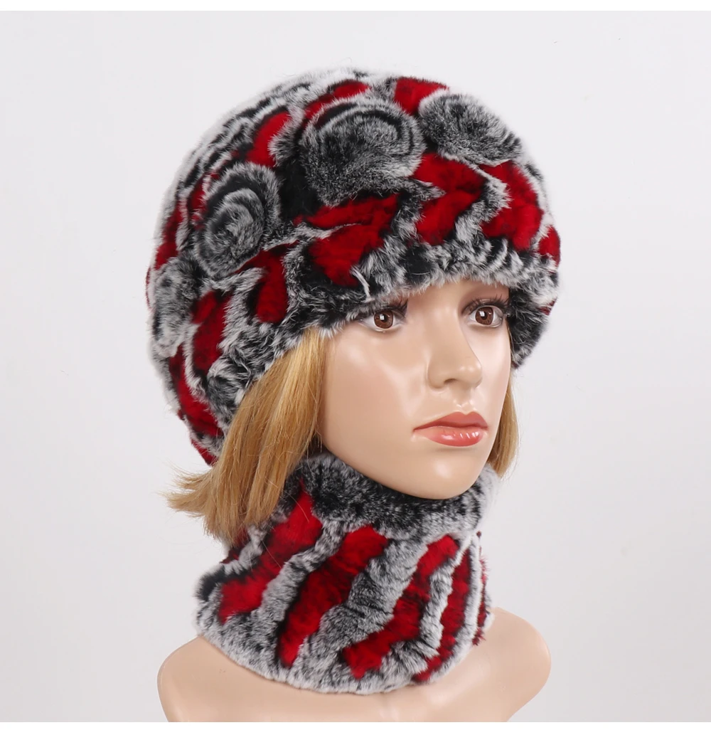 Новое поступление вязаный женский Настоящий мех кролика шарфы головные уборы наборы леди вязанный натуральная шерсть шапка шарф зима