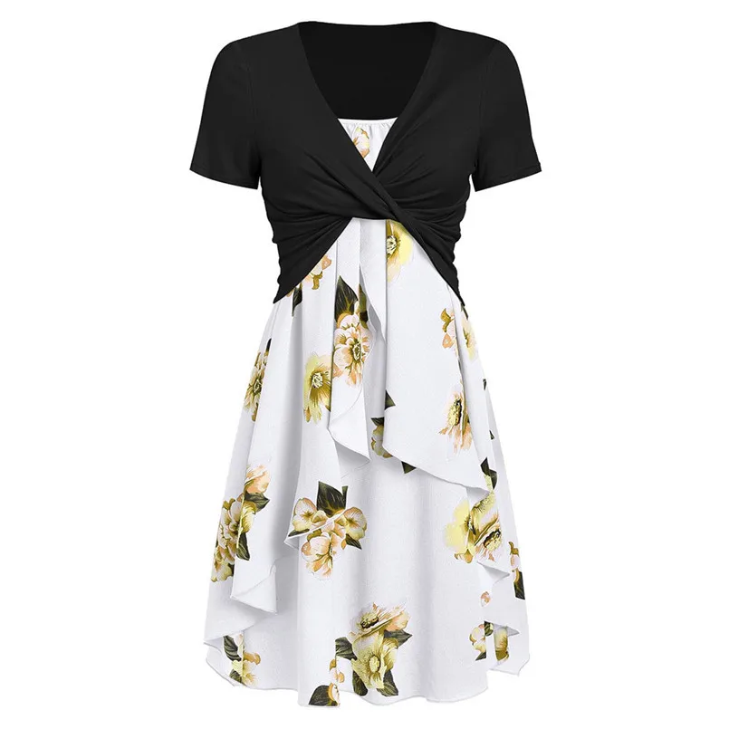 New Fashion Women Summer Short Sleeve Front Cross Cross Top Floral Print Mini Dress Elegant Ladies Casual Party Vestidos #4R09   (23)