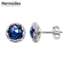 Синий цветок лотоса серьги-гвоздики новые ювелирные изделия из кристаллов 925 серебряный модный подарок для женщин любовника