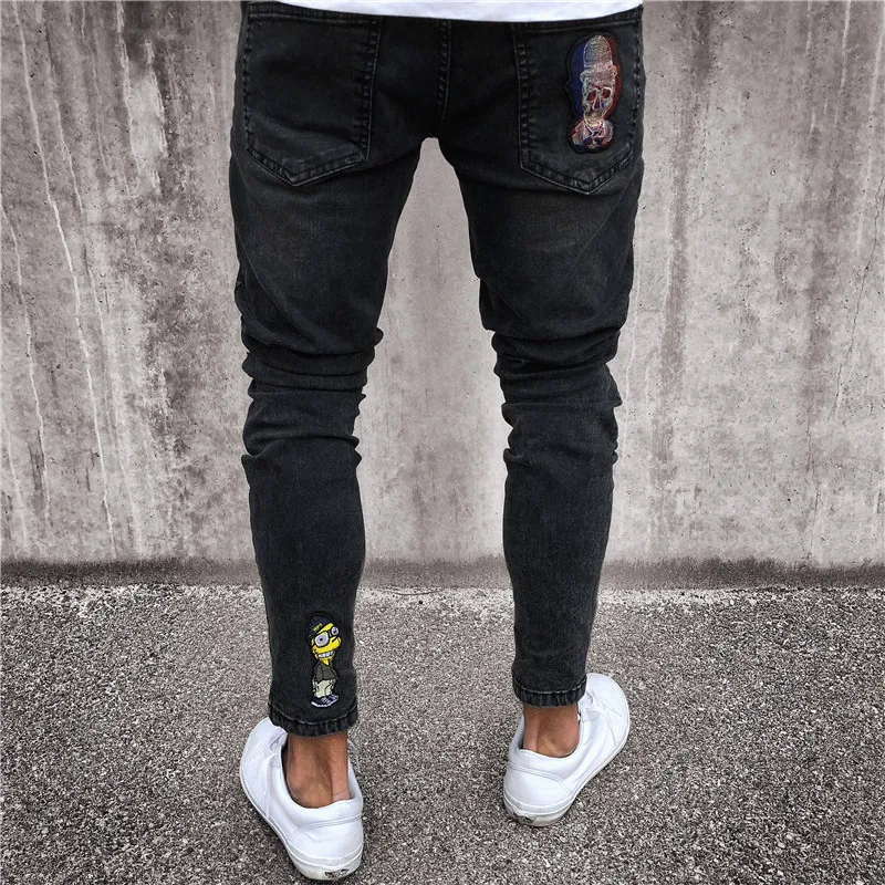 Fashion Men Casual Slim pants 2019 Men brand embroidery jeans Straight High Stretch Feet skinny jeans men's black trousers homme