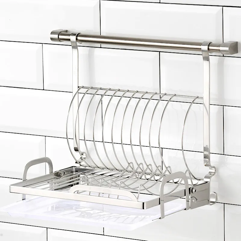 Kitchen stainless steel with folding drip tray design wall-mounted storage pendant tableware rack LU4191